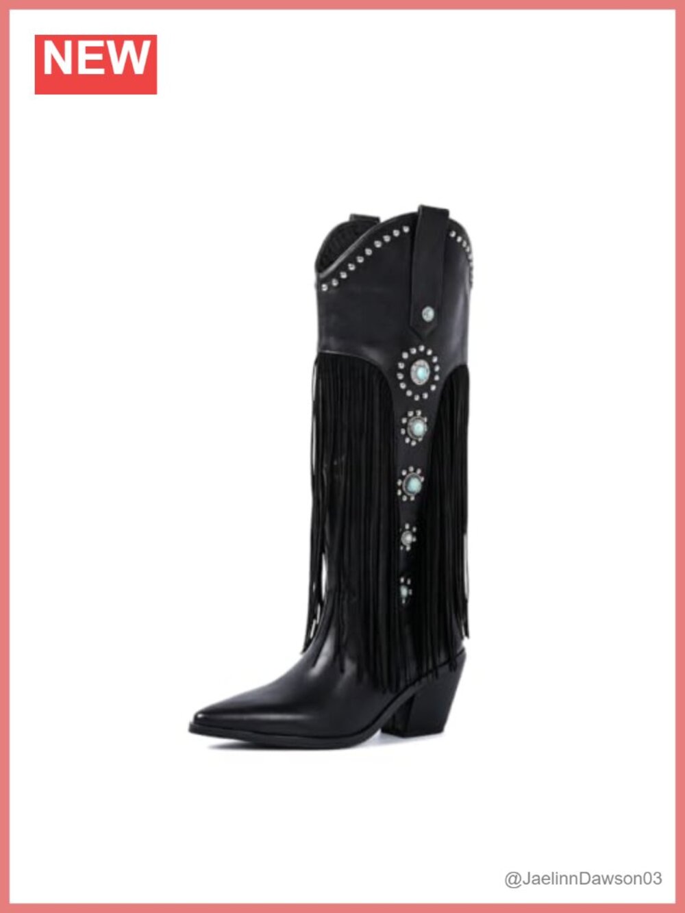 Faux Leather Fringe Pointed Toe Western Knee High Block Heel Boots